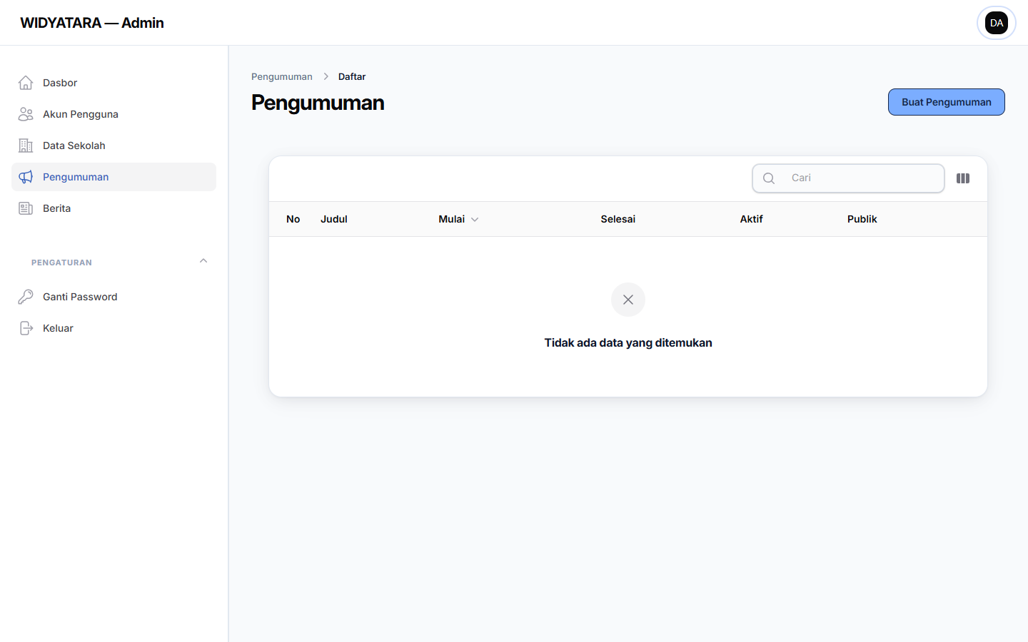 Tangkapan layar — Pengelolaan Pengumuman