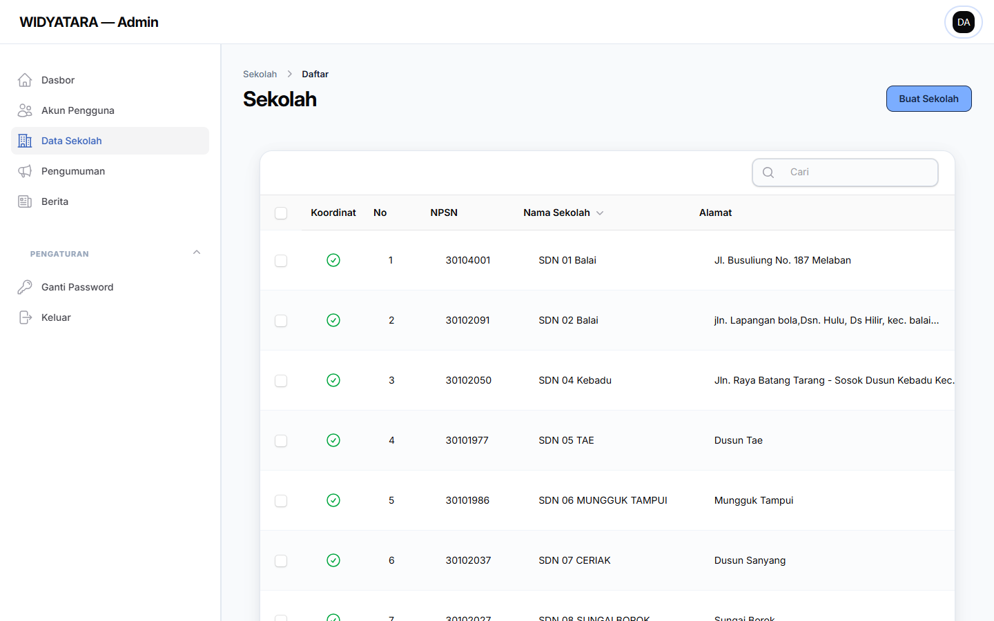 Tangkapan layar — Pengelolaan Data Sekolah