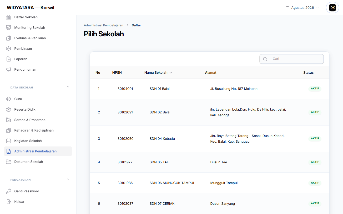 Tangkapan layar — Data Administrasi Pembelajaran