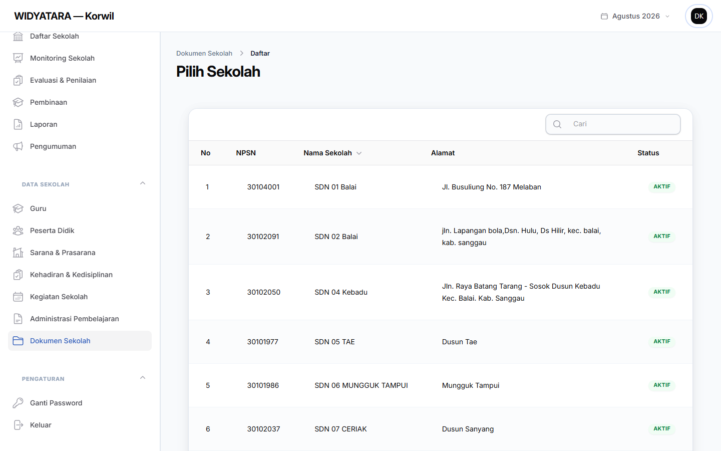Tangkapan layar — Data Dokumen Sekolah
