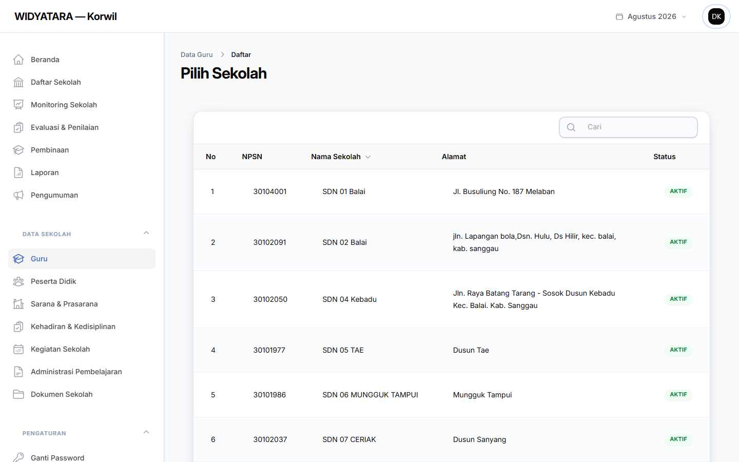 Tangkapan layar — Data Guru pada Seluruh Sekolah