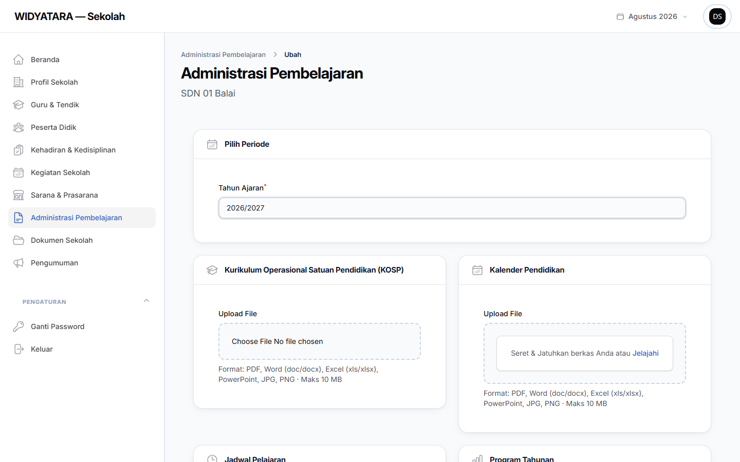 Tangkapan layar — Administrasi Pembelajaran
