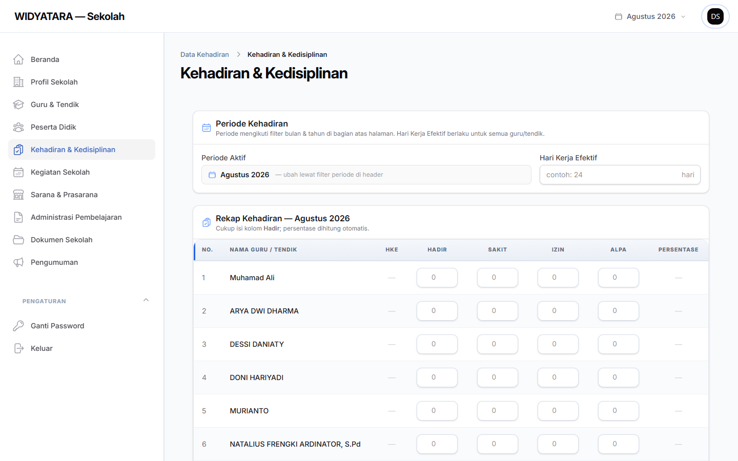 Tangkapan layar — Kehadiran dan Kedisiplinan